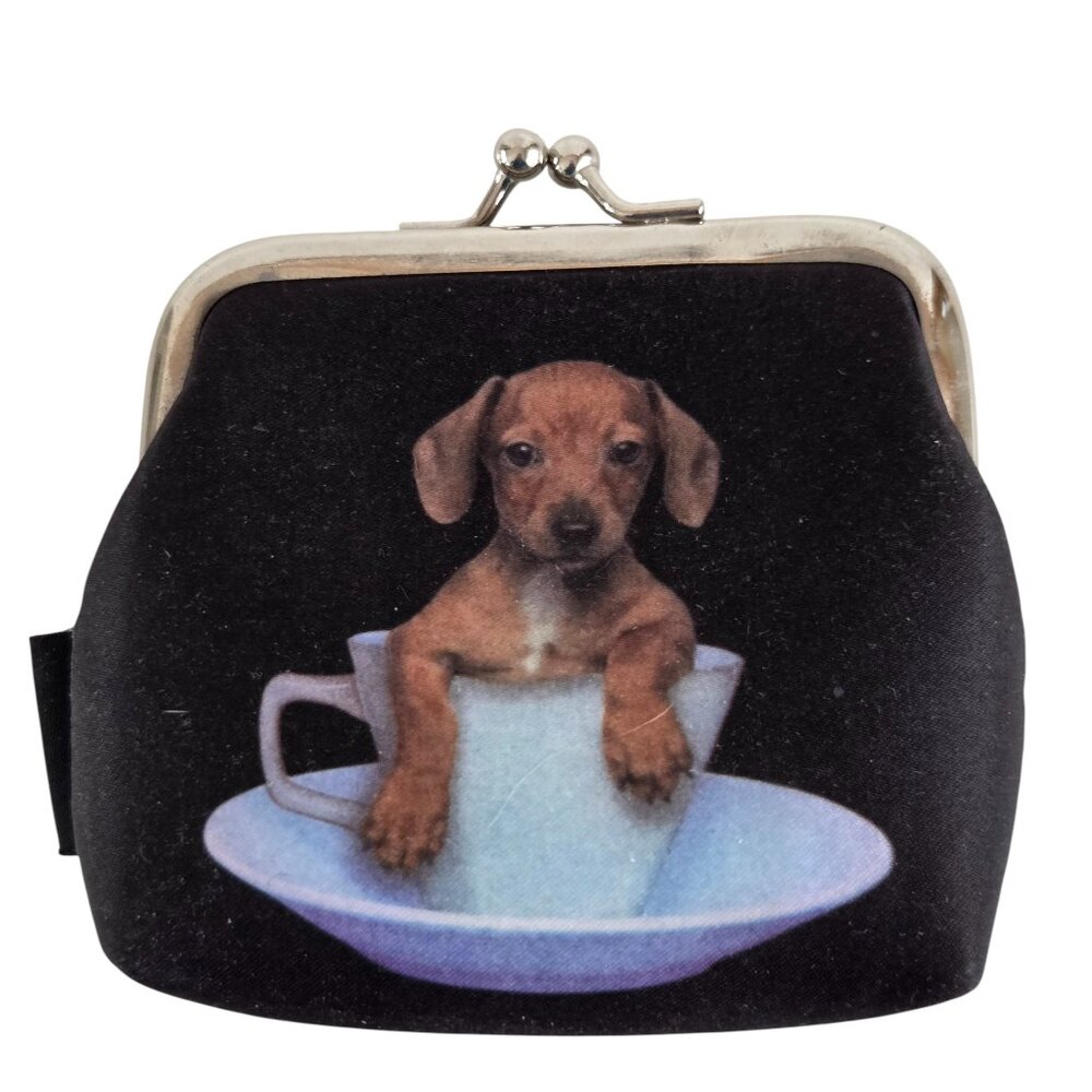Dachshund Dog Puppy Coin Purse Teacup Black Silver Kiss Lock Clasp 4" x 3.5"